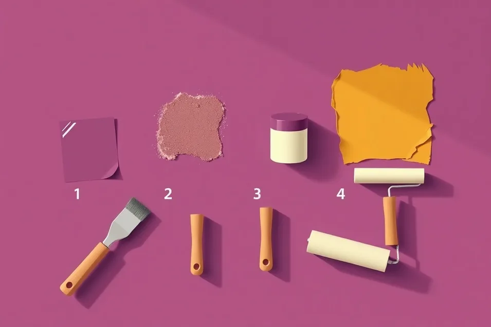 Outils de peinture disposés dans l'ordre des étapes du chantier