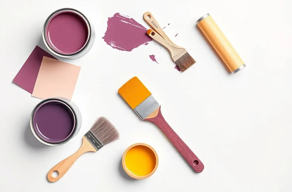 Pots de peinture, nuancier, brosses et rouleaux disposés à plat