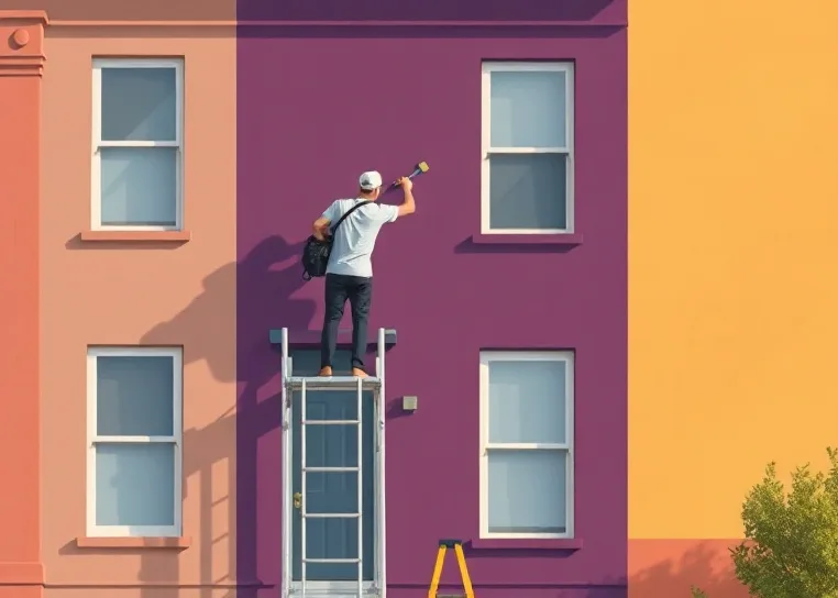 Peintre sur échafaudage traitant la façade d'une maison